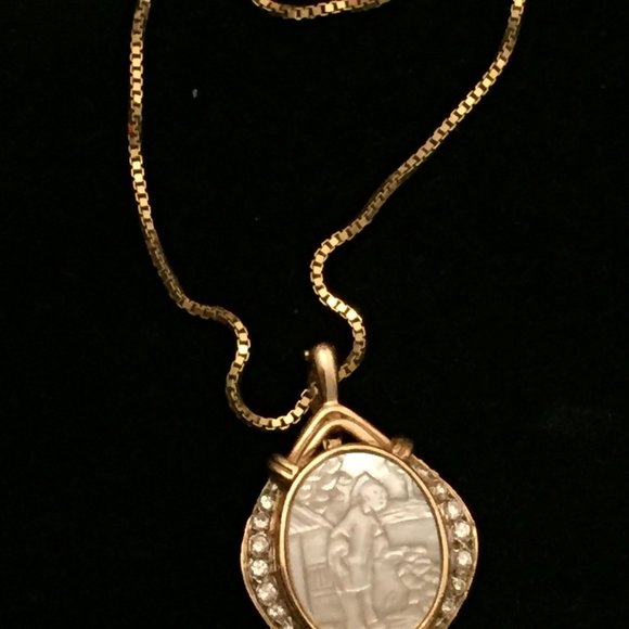 14k Diamond Mother of Pearl Pendant Necklace Enhancer Portrait Landscape MOP Vtg - Picture 8 of 14